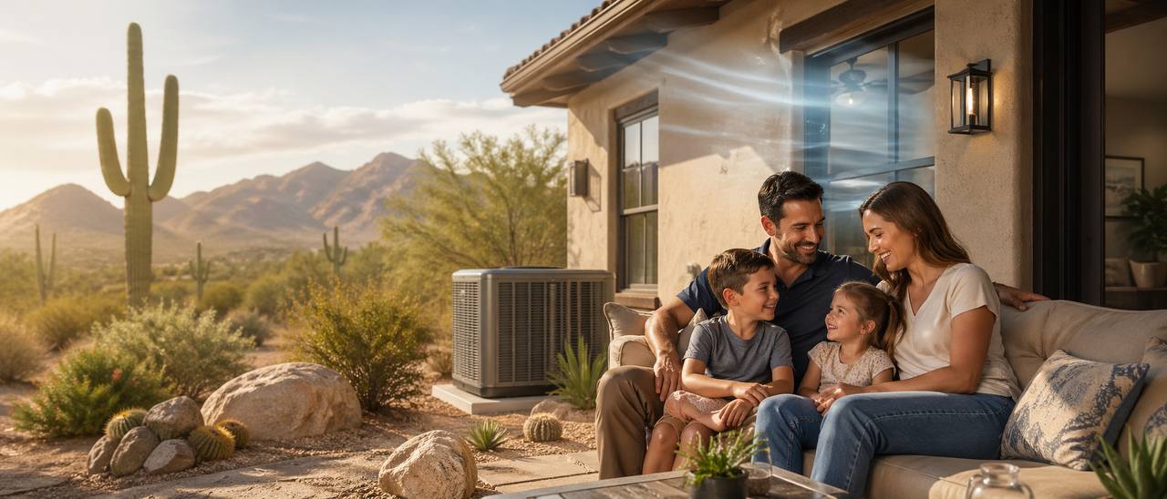Family relaxing outside a desert home with a visible HVAC condenser, representing reliable cooling and home comfort in the Phoenix metro area